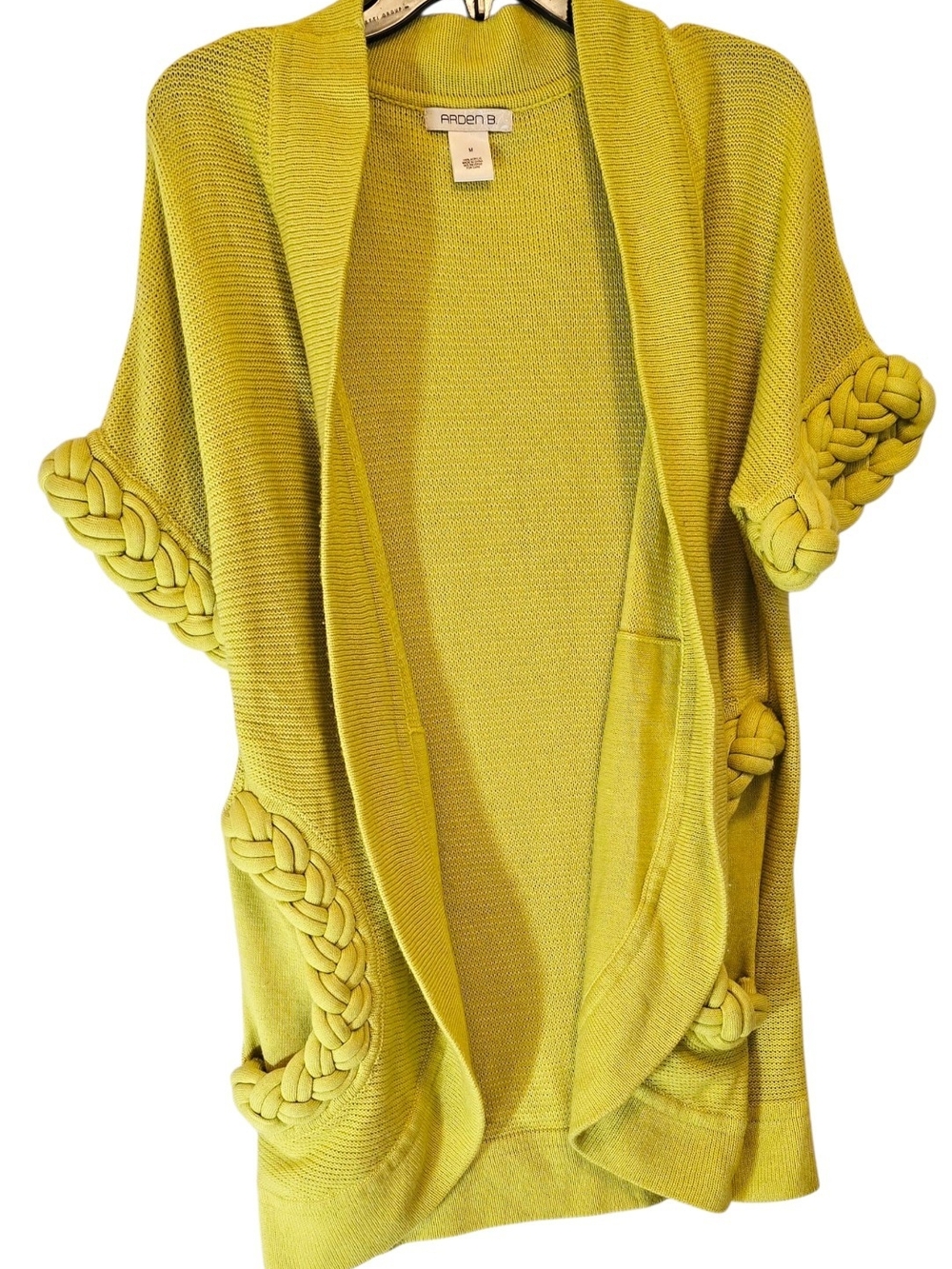 Arden B Short-Sleeve Open Cardigan in Chartreuse Yellow